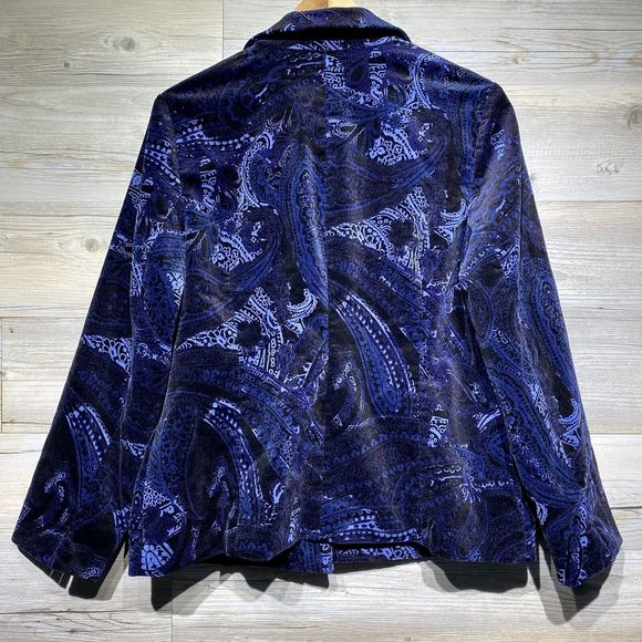 Chicos Velvet Jacket Women’s L (2) Paisley Floral Open Front Blazer Blue Purple - Picture 2 of 11